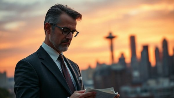 Thoughtful man reviews Supreme Court Orders List October 2023 with Seattle sunset.