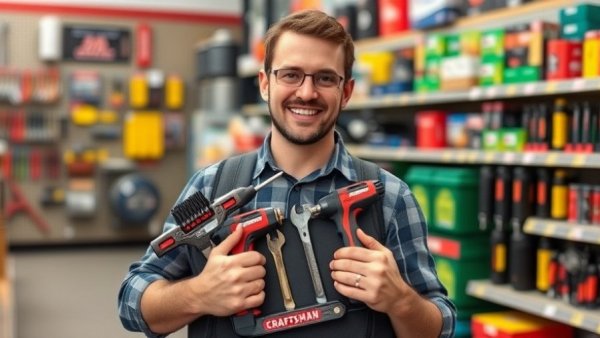 Man showcasing Craftsman tool set during Lowe's Black Friday deals.
