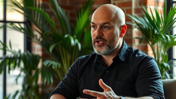 Bald man discussing indoors, related to men's testosterone decline.