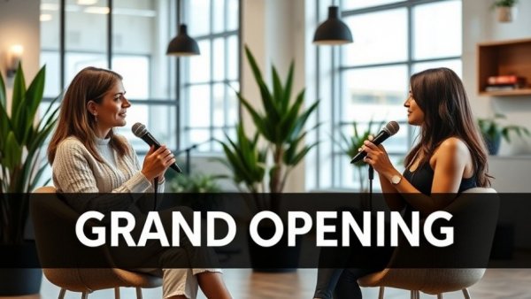 Two women at microphones discussing Boutique Fitness Studio Grand Opening.