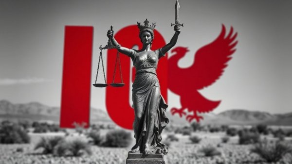 Statue of Lady Justice before red number, symbolizing justice concepts.