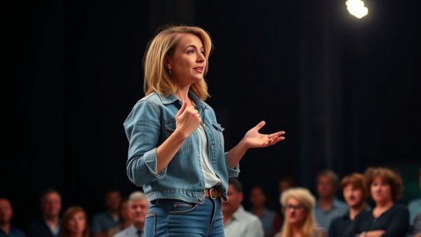 Woman confidently discussing ADHD on stage with passion.