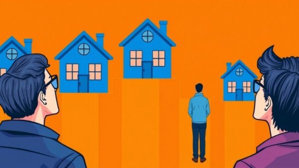 Stylized image of growing blue houses with two people, symbolizing DSCR loans for landlords.