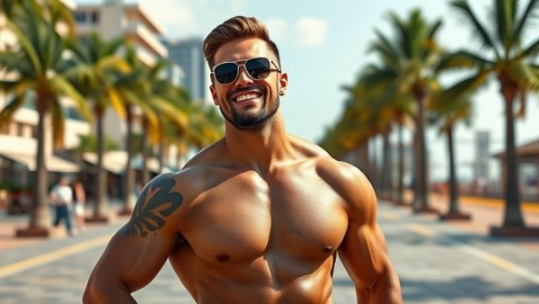 Muscular tattooed man smiling confidently on a beach promenade.