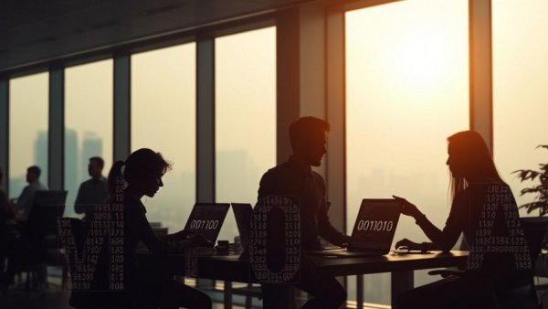 Digital silhouettes of tech employees in a modern office, symbolizing disposability.