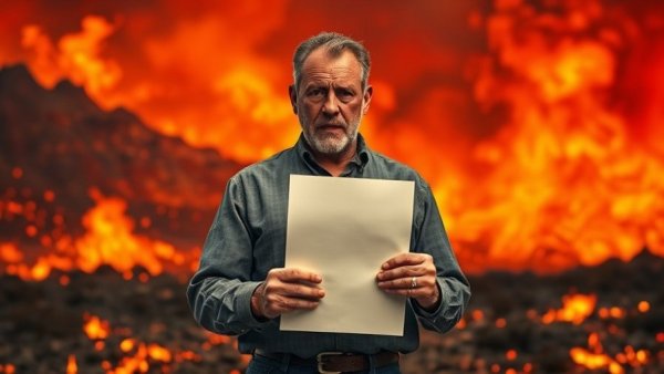 Concerned man with document in fiery landscape - Depths of Innovation.