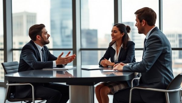 Business professionals discussing local and trade coverage importance at conference.