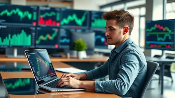 Finance bro transformation in modern office setting with stock charts.