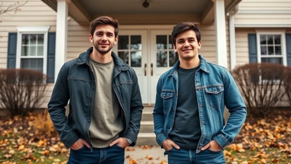 Two friends standing together in front of a house, Buying Homes With Friends.