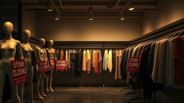 Empty sections in closing mall store with mannequins and signs.