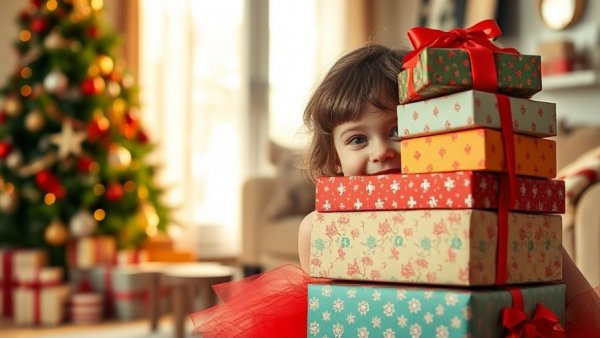 Child carrying Christmas gifts in festive home with tree.