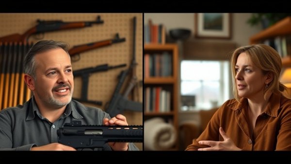 Split-screen interview featuring Sheriff Chad Bianco on gun rights.