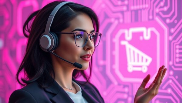 Confident woman explains AI shopping startup with digital interface.