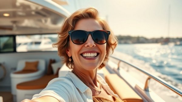 Woman enjoying a boat ride, perfect for empty nester downsizing.