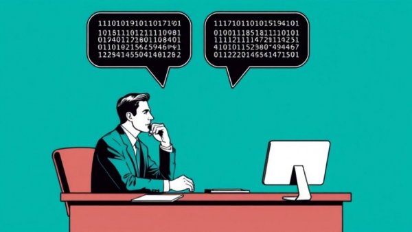 Illustration of two businessmen discussing AI strategy with binary speech bubbles.