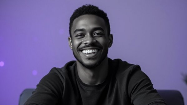 Cheerful person with a confident smile in a monochrome portrait, Economic Growth and AI Innovation.