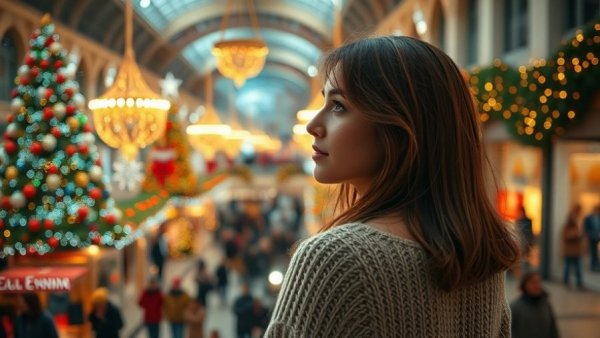 Festive Victoria BC mall, warm holiday decor, Hallmark movie vibe.