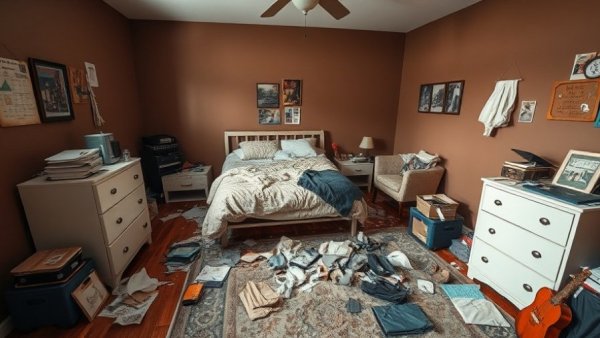 Don't judge others: Messy room with unmade bed and clutter.