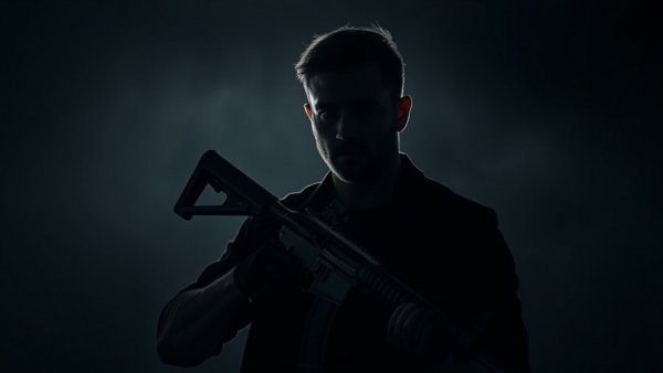 Silhouette of a man with a rifle, dramatic lighting.