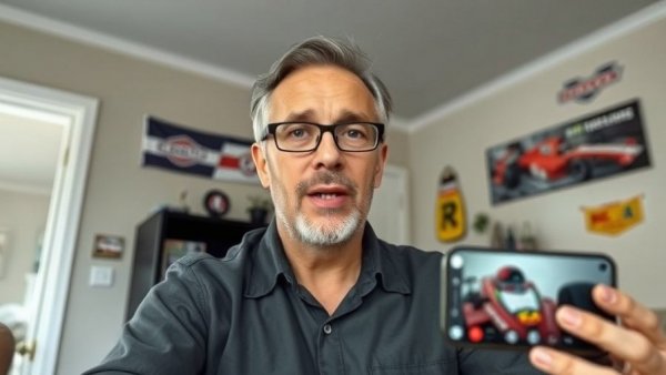 Zak Brown F1 Racing executive speaking in video call with racing memorabilia in background.