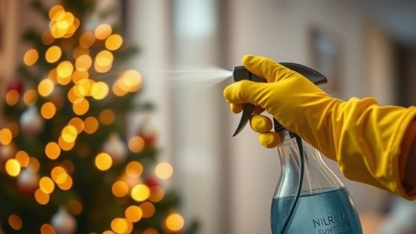 Holiday cleaning tasks with gloves and spray near lit tree.