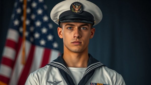 Young man in navy uniform posing solemnly in front of flags.