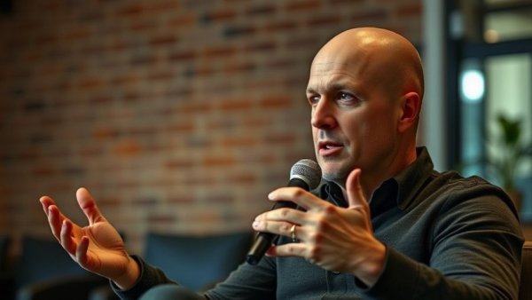 Engaged speaker on microphone discussing transformation indoors.