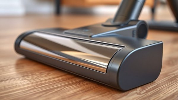 Modern vacuum cleaner head on wooden floor, close-up in bright light.