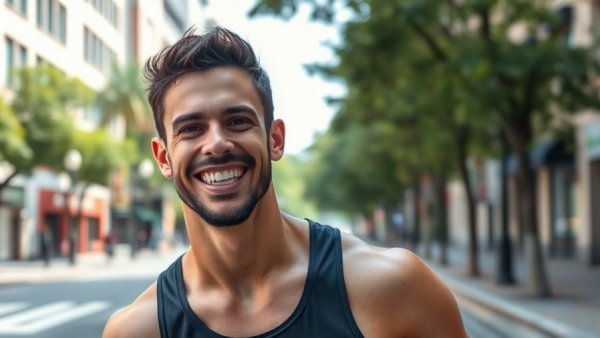 Athletic man on street smiling, showcasing jacked legs.