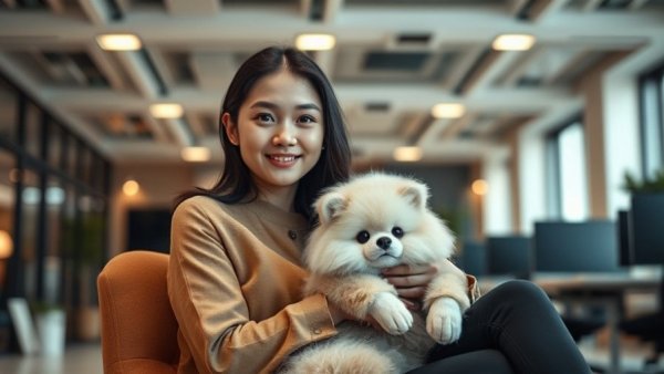 Young woman holds fluffy AI pet in a modern office.