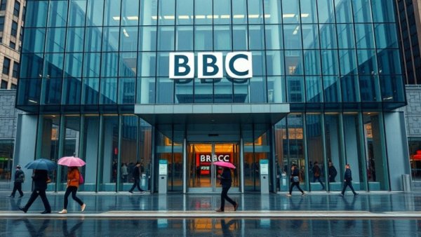 BBC building entrance, reflective facade, rainy day scene