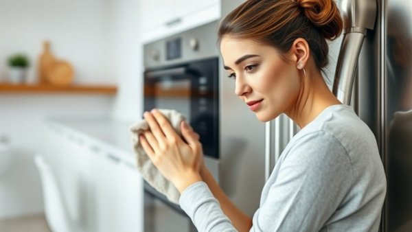Spotless stainless steel cleaned by woman with vinegar in bright kitchen.