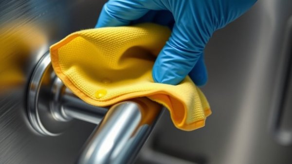 Hand in blue gloves cleaning handle, promoting IPC protocols in facilities.