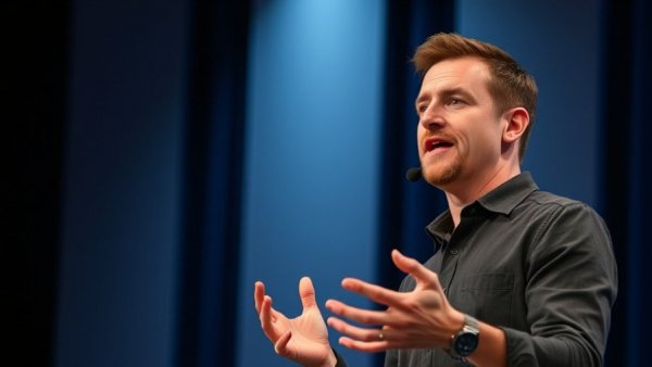 Confident speaker on stage addressing audience about overcoming extinction.