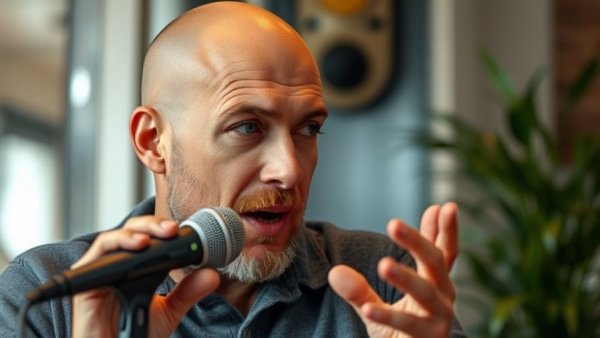 Engaged bald man speaking into a microphone, indoor setting.