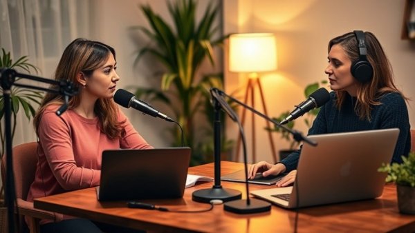 Women podcasting about red flags in business, warm cozy setting.