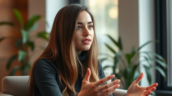 Young woman speaking indoors with natural lighting next to a plant.