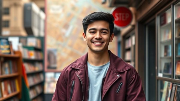 Living on a Bookstore Salary in NYC: Smiling person outside bookstore.