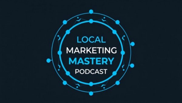 Blue logo for Local Marketing Mastery Podcast, digital design.