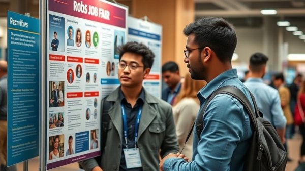Job fair attendees view a hiring poster, reflecting on employment outlook.