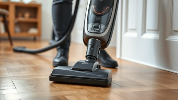 Close-up of upright vacuum cleaner in action, demonstrating suction.