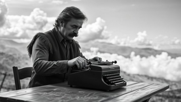 Vintage writer typewriting outdoors, six-word story strategy for brands.