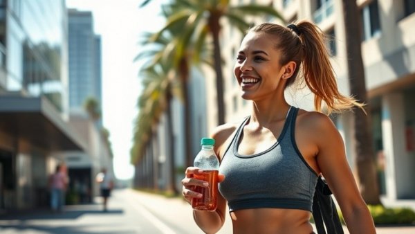 Fit mom in workout attire smiling outdoors, holding a bottle.