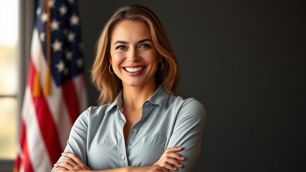 Confident woman with American flag backdrop, DOJ sues U.S. Virgin Islands context