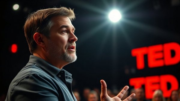 Focused speaker at a TED talk on economic bubbles.