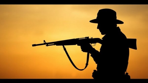 Silhouette of a determined figure with a rifle in historical style.