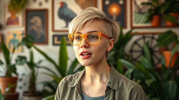 Casual young woman explaining in vibrant room with plants, Using Reference Photos in Midjourney.