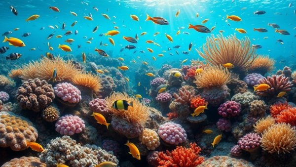 Vibrant marine biodiversity with coral reefs and sea life interaction