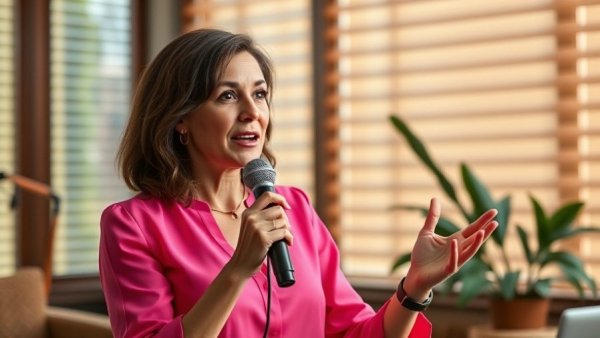 Confident woman discussing time management in a podcast setup, bright setting.