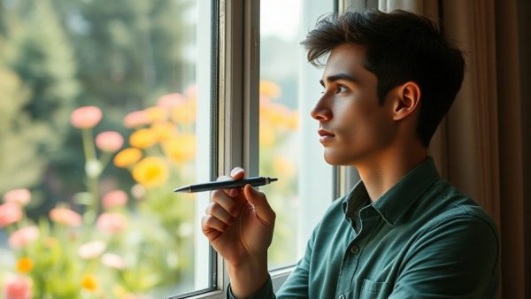 Thoughtful young man exploring creative hobbies by a window.